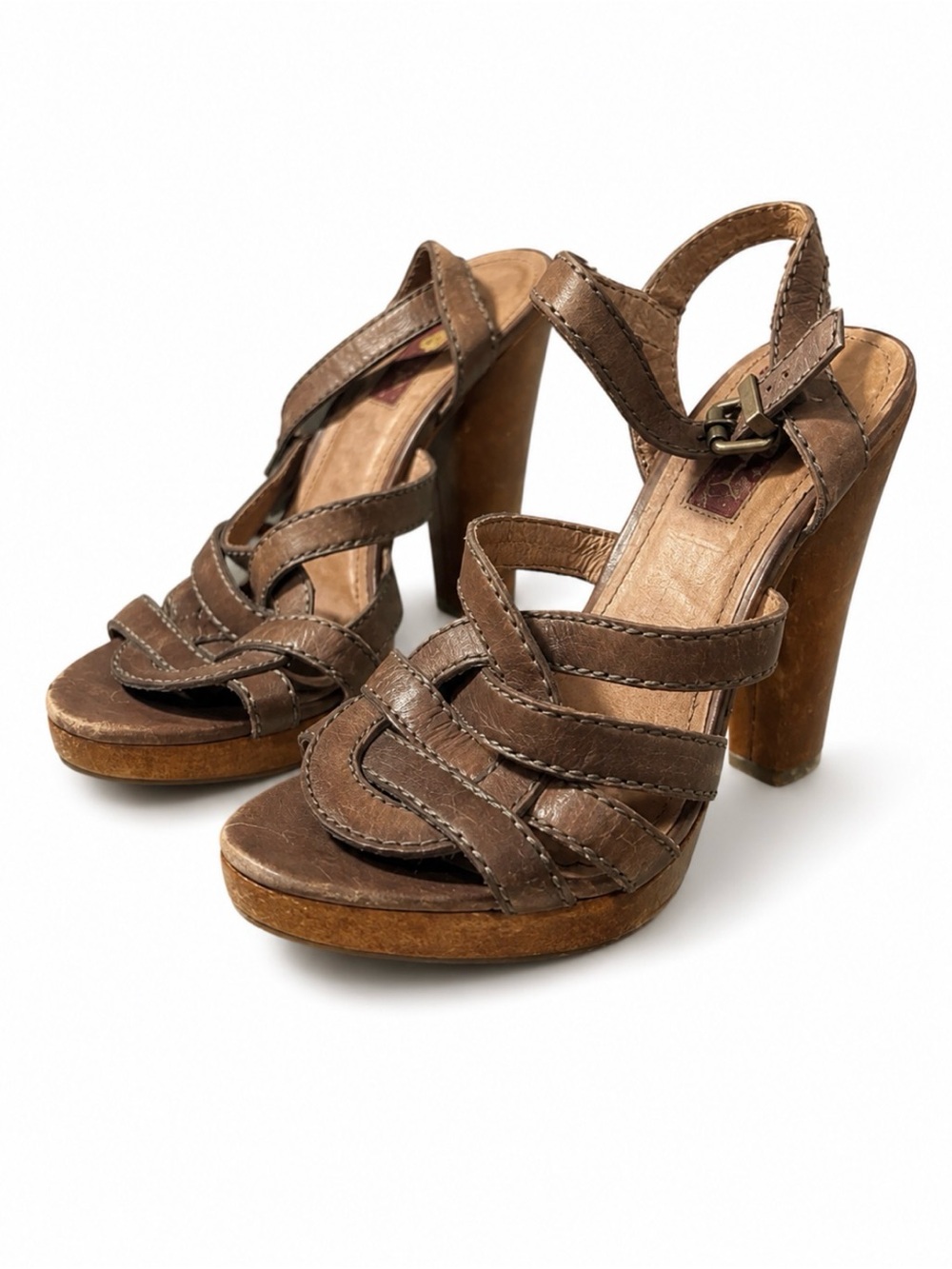 7 For All Mankind Brown Leather Strappy Platform Heels, size 8.5